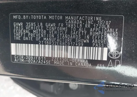 2008 Toyota Corolla Le из США, поврежденный, VIN 2T1BR32E68C917499